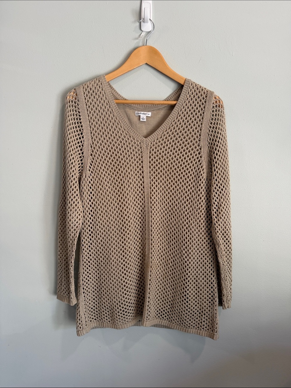 Cable & Gauge Taupe Open-Weave V-Neck Sweater